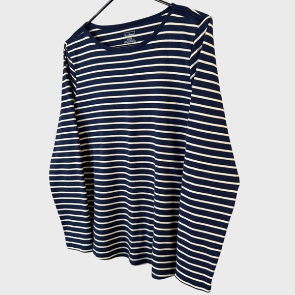 LL Bean Striped Pima Cotton Long-Sleeve Boatneck Top Blue & White Women's Large - Picture 2 of 10